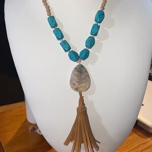 Semi Precious Carved Leaf Jasper Stone with Turquoise and Wood Beads Necklace